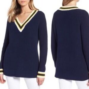 🇪🇸🐠Nordstrom 1901 tennis sweater v neck stripes preppy collegiate XS petite